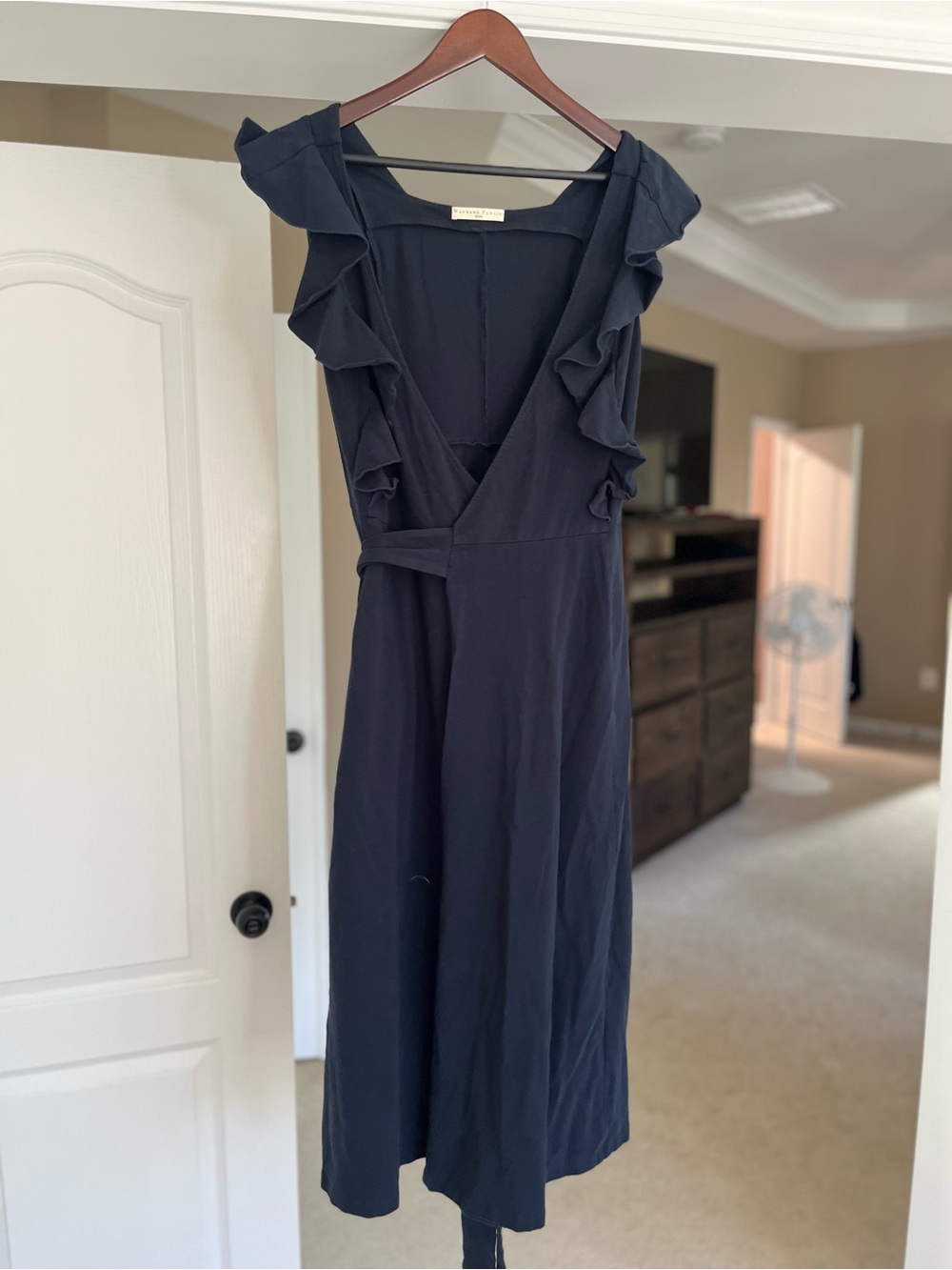 Wayward Fancies Ruffle-Trim Navy Midi Dress with V-Neck